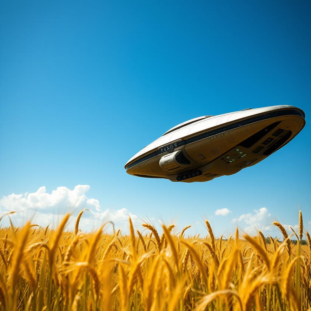 An alien spacecraft hovering above a golden wheat farm under a bright blue sky