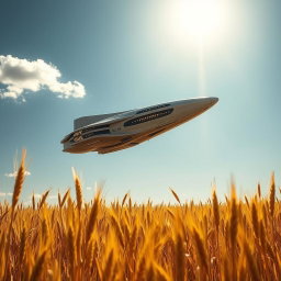 An alien spacecraft hovering above a golden wheat farm under a bright blue sky