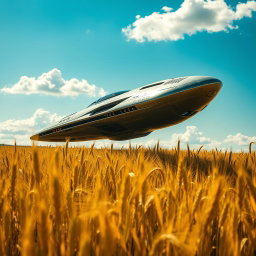 An alien spacecraft hovering above a golden wheat farm under a bright blue sky