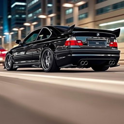 A stunning BMW E46 with a sleek and aggressive bodykit, showcasing finely sculpted aerodynamic enhancements