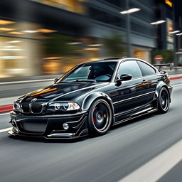 A stunning BMW E46 with a sleek and aggressive bodykit, showcasing finely sculpted aerodynamic enhancements