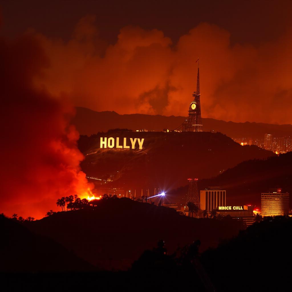 A dramatic scene depicting Hollywood engulfed in flames, with iconic landmarks like the Hollywood sign prominently visible, smoky skies, and glowing orange and red hues lighting up the night