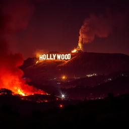 A dramatic scene depicting Hollywood engulfed in flames, with iconic landmarks like the Hollywood sign prominently visible, smoky skies, and glowing orange and red hues lighting up the night