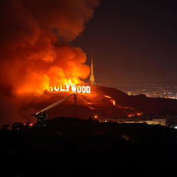 A dramatic scene depicting Hollywood engulfed in flames, with iconic landmarks like the Hollywood sign prominently visible, smoky skies, and glowing orange and red hues lighting up the night