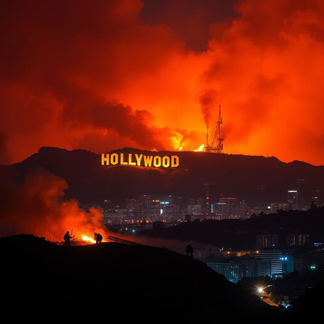 A dramatic scene depicting Hollywood engulfed in flames, with iconic landmarks like the Hollywood sign prominently visible, smoky skies, and glowing orange and red hues lighting up the night