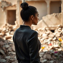 A modern woman, deep in thought from behind, showcasing a pensive expression