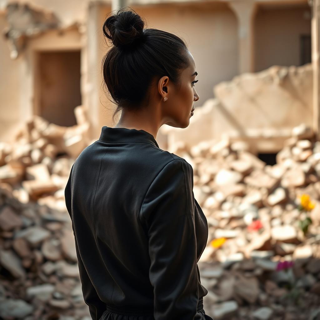 A modern woman, deep in thought from behind, showcasing a pensive expression