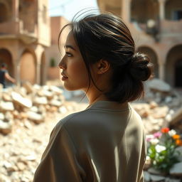 A modern woman, deep in thought from behind, showcasing a pensive expression