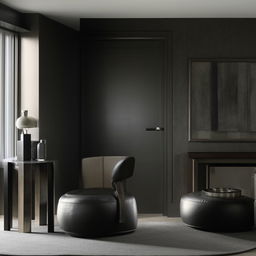 A modern, masculine styled room with contemporary furniture, dark tones, and sleek finishes.