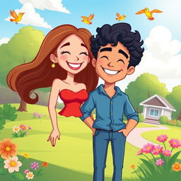 A vibrant cartoon-style illustration of a couple, featuring two happy individuals standing close together, smiling
