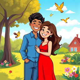 A vibrant cartoon-style illustration of a couple, featuring two happy individuals standing close together, smiling