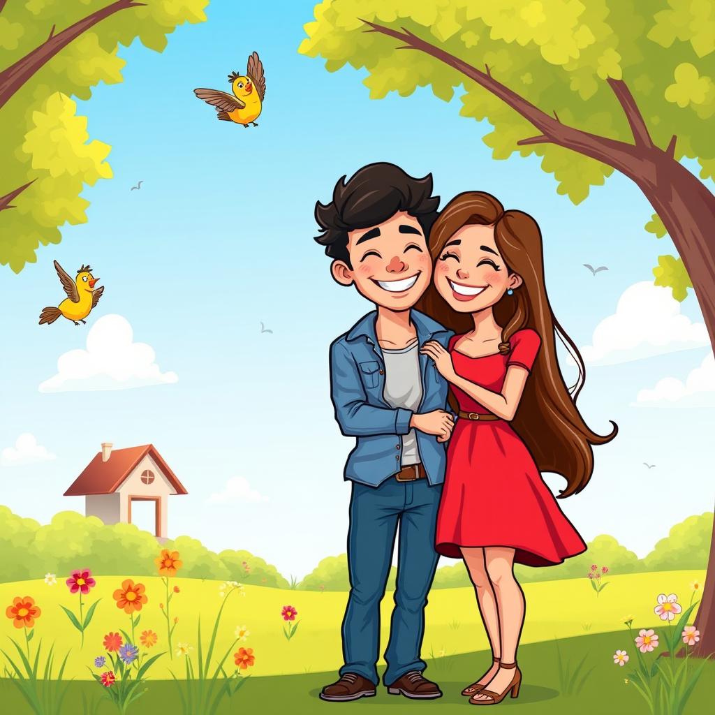 A vibrant cartoon-style illustration of a couple, featuring two happy individuals standing close together, smiling