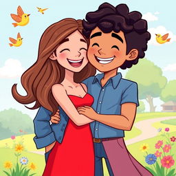 A vibrant cartoon-style illustration of a couple, featuring two happy individuals standing close together, smiling