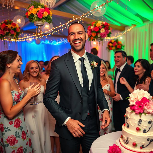 A vibrant wedding party scene featuring a charismatic man resembling Zinedine Zidane, wearing an elegant suit and tie, joyfully celebrating with guests