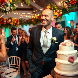 A vibrant wedding party scene featuring a charismatic man resembling Zinedine Zidane, wearing an elegant suit and tie, joyfully celebrating with guests