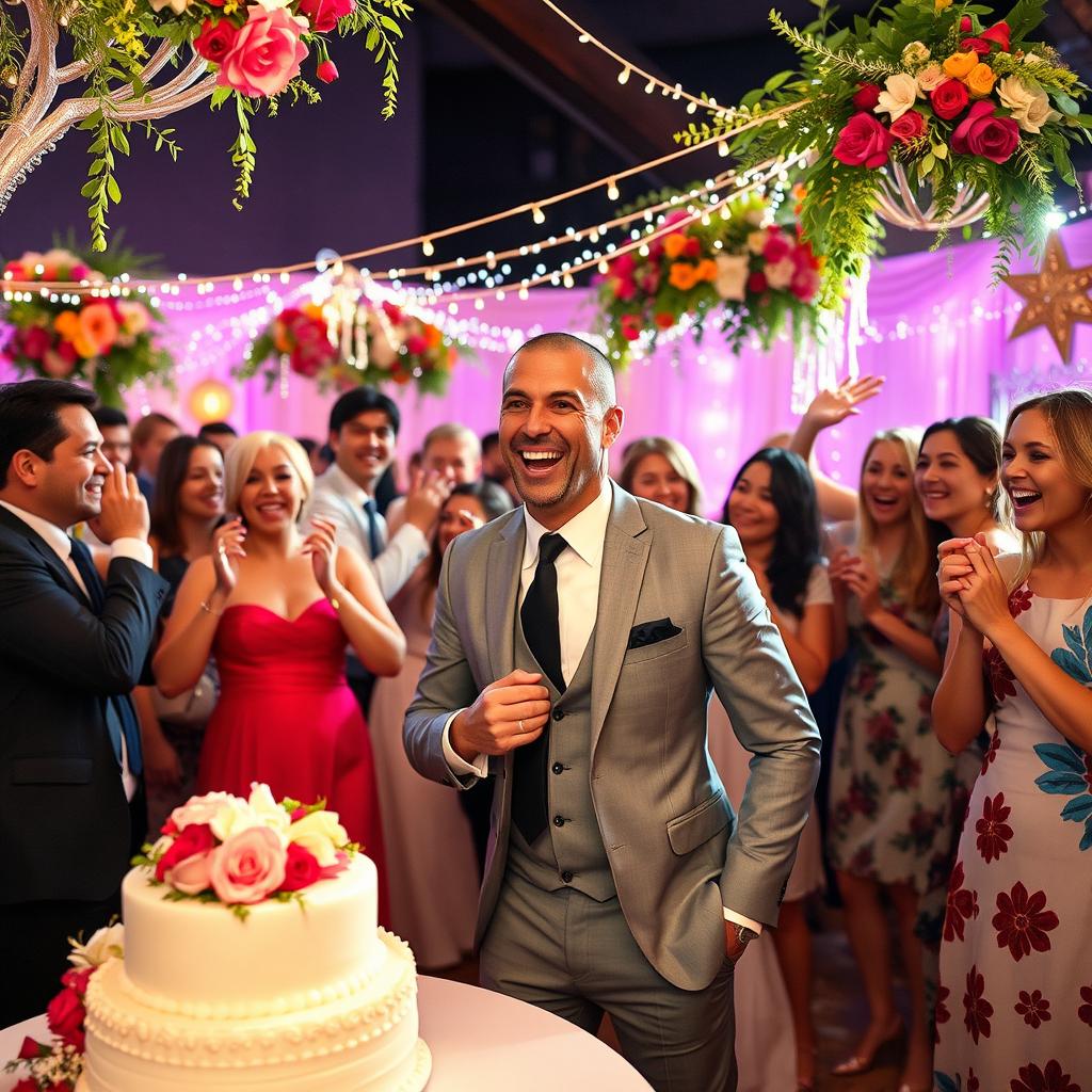 A vibrant wedding party scene featuring a charismatic man resembling Zinedine Zidane, wearing an elegant suit and tie, joyfully celebrating with guests
