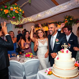 A vibrant wedding party scene featuring a charismatic man resembling Zinedine Zidane, wearing an elegant suit and tie, joyfully celebrating with guests