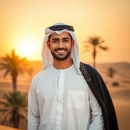 A handsome man named Zidan, wearing traditional Arabian clothing, which includes a white thobe and a black agal, standing confidently