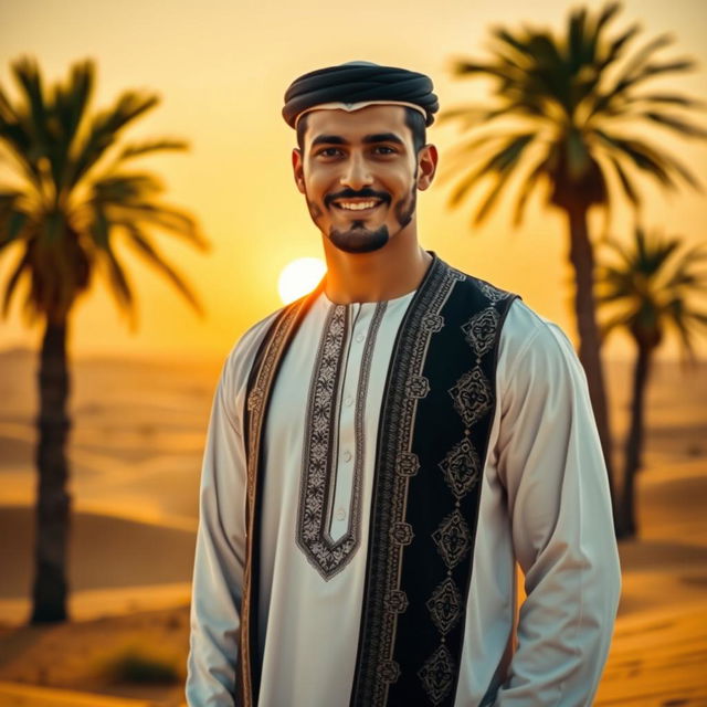 A handsome man named Zidan, wearing traditional Arabian clothing, which includes a white thobe and a black agal, standing confidently