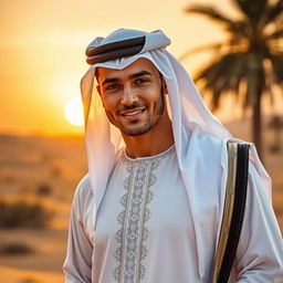 A handsome man named Zidan, wearing traditional Arabian clothing, which includes a white thobe and a black agal, standing confidently
