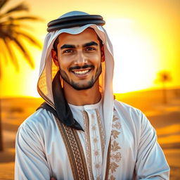 A handsome man named Zidan, wearing traditional Arabian clothing, which includes a white thobe and a black agal, standing confidently