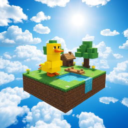 A vibrant Minecraft skyblock island scene featuring a cute, blocky, yellow duck character