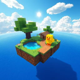 A vibrant Minecraft skyblock island scene featuring a cute, blocky, yellow duck character