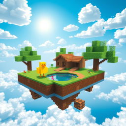 A vibrant Minecraft skyblock island scene featuring a cute, blocky, yellow duck character