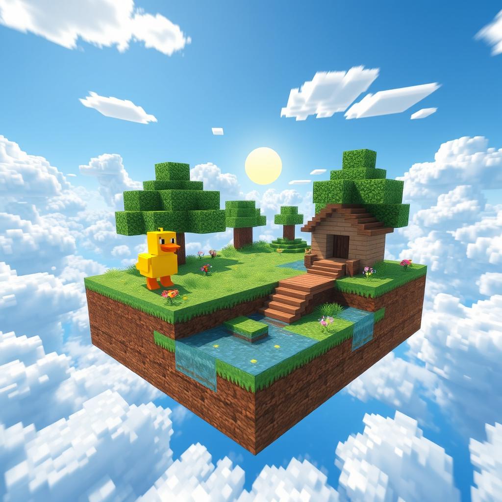 A vibrant Minecraft skyblock island scene featuring a cute, blocky, yellow duck character