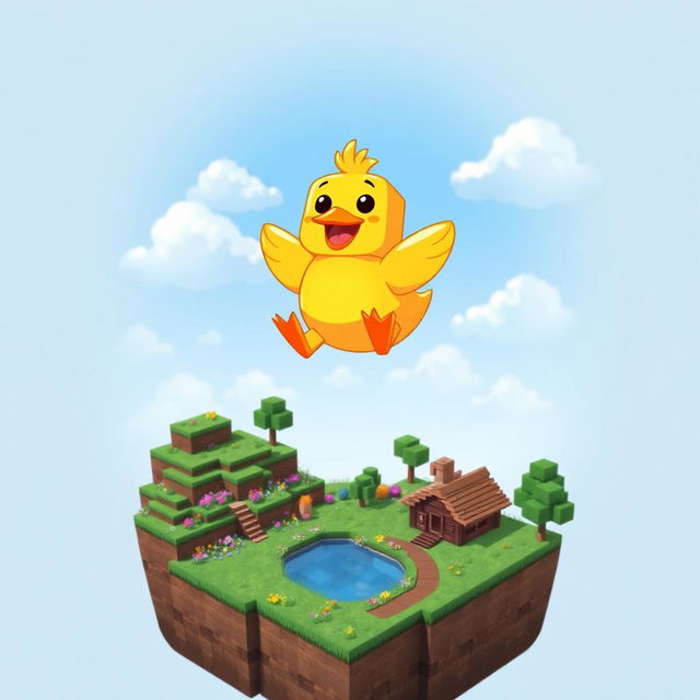 A cheerful, cartoon-style Minecraft duck joyfully floating above a vibrant skyblock island