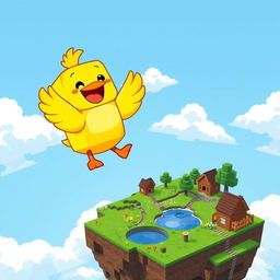 A cheerful, cartoon-style Minecraft duck joyfully floating above a vibrant skyblock island