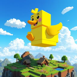 A cheerful, cartoon-style Minecraft duck joyfully floating above a vibrant skyblock island