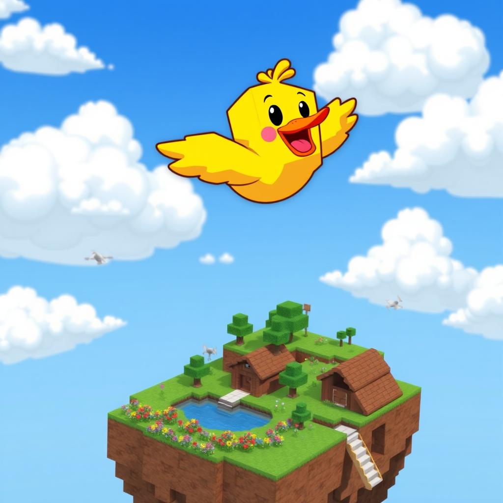 A cheerful, cartoon-style Minecraft duck joyfully floating above a vibrant skyblock island
