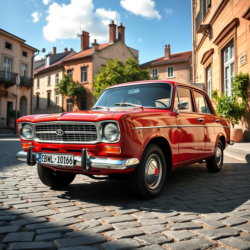 A vintage Lada BA3 2104 car, parked in an urban street setting, showcasing its iconic boxy design and unique styling features