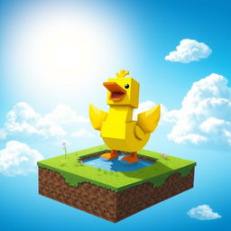 A cheerful Minecraft duck happily swimming in the bright blue sky on a floating skyblock island