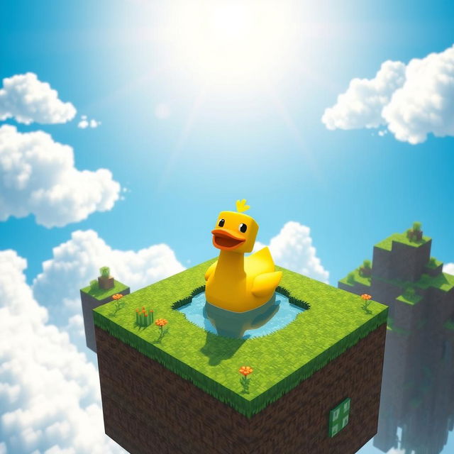 A cheerful Minecraft duck happily swimming in the bright blue sky on a floating skyblock island
