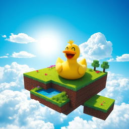 A cheerful Minecraft duck happily swimming in the bright blue sky on a floating skyblock island