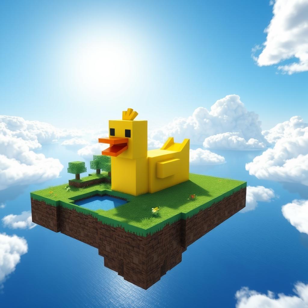 A cheerful Minecraft duck happily swimming in the bright blue sky on a floating skyblock island