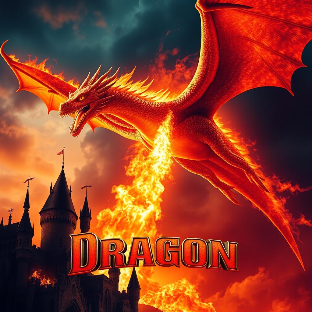 A dynamic movie poster featuring a magnificent fire-breathing dragon soaring through a fiery sky