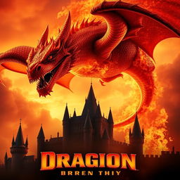 A dynamic movie poster featuring a magnificent fire-breathing dragon soaring through a fiery sky