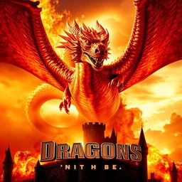 A dynamic movie poster featuring a magnificent fire-breathing dragon soaring through a fiery sky