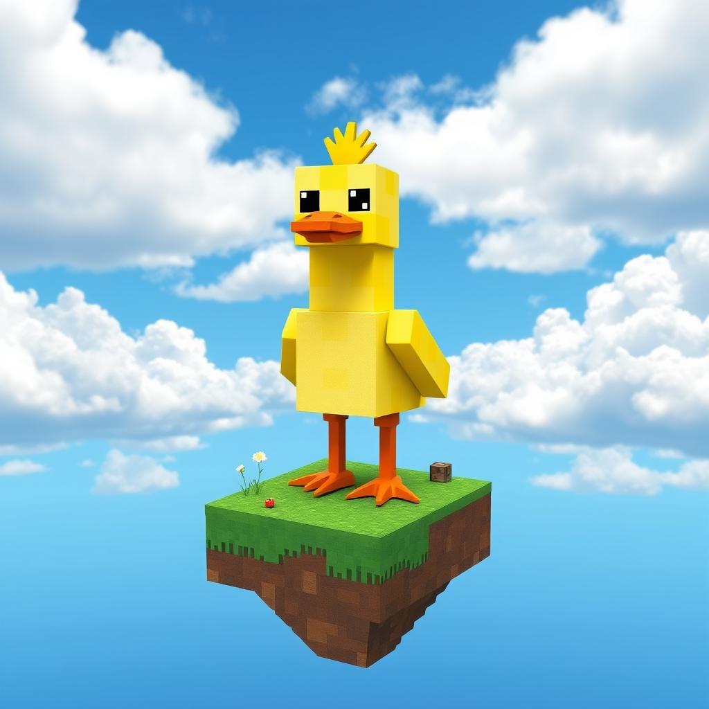 A whimsical Minecraft-style duck standing proudly on a lush, green skyblock island, surrounded by a vibrant blue sky filled with fluffy white clouds