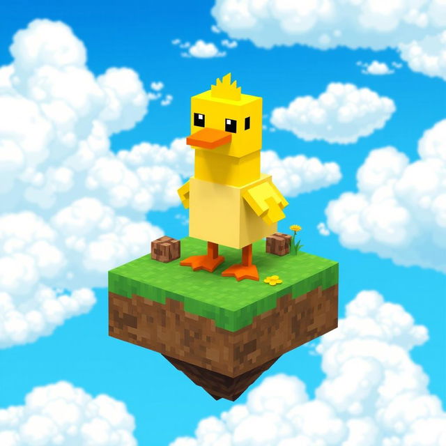 A whimsical Minecraft-style duck standing proudly on a lush, green skyblock island, surrounded by a vibrant blue sky filled with fluffy white clouds