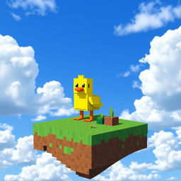 A whimsical Minecraft-style duck standing proudly on a lush, green skyblock island, surrounded by a vibrant blue sky filled with fluffy white clouds