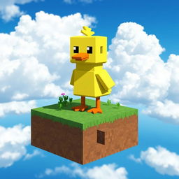 A whimsical Minecraft-style duck standing proudly on a lush, green skyblock island, surrounded by a vibrant blue sky filled with fluffy white clouds