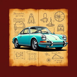 A stunning poster featuring a classic Porsche 911, expertly designed in the style of Leonardo Da Vinci
