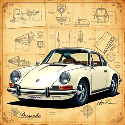 A stunning poster featuring a classic Porsche 911, expertly designed in the style of Leonardo Da Vinci