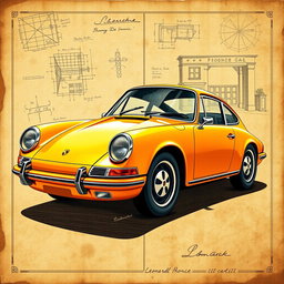A stunning poster featuring a classic Porsche 911, expertly designed in the style of Leonardo Da Vinci