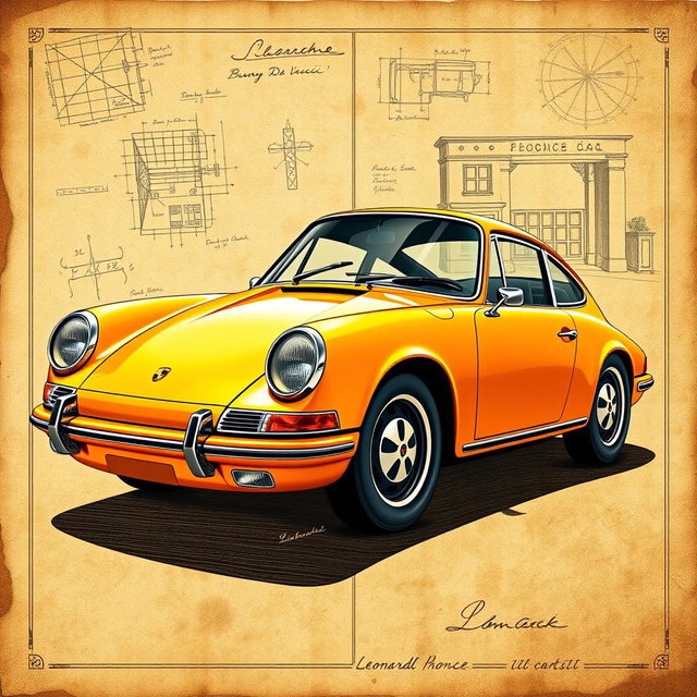 A stunning poster featuring a classic Porsche 911, expertly designed in the style of Leonardo Da Vinci