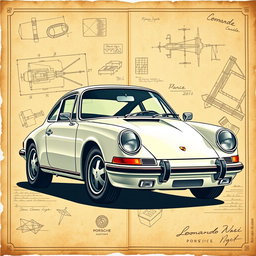 A stunning poster featuring a classic Porsche 911, expertly designed in the style of Leonardo Da Vinci